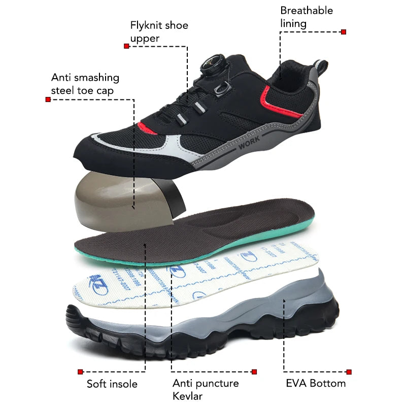 Zapatillas ligeras y transpirables con punta de acero para hombre, calzado de seguridad con protección antigolpes y antiperforación, con botones giratorios.