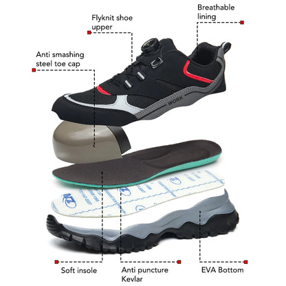 Zapatillas ligeras y transpirables con punta de acero para hombre, calzado de seguridad con protección antigolpes y antiperforación, con botones giratorios.