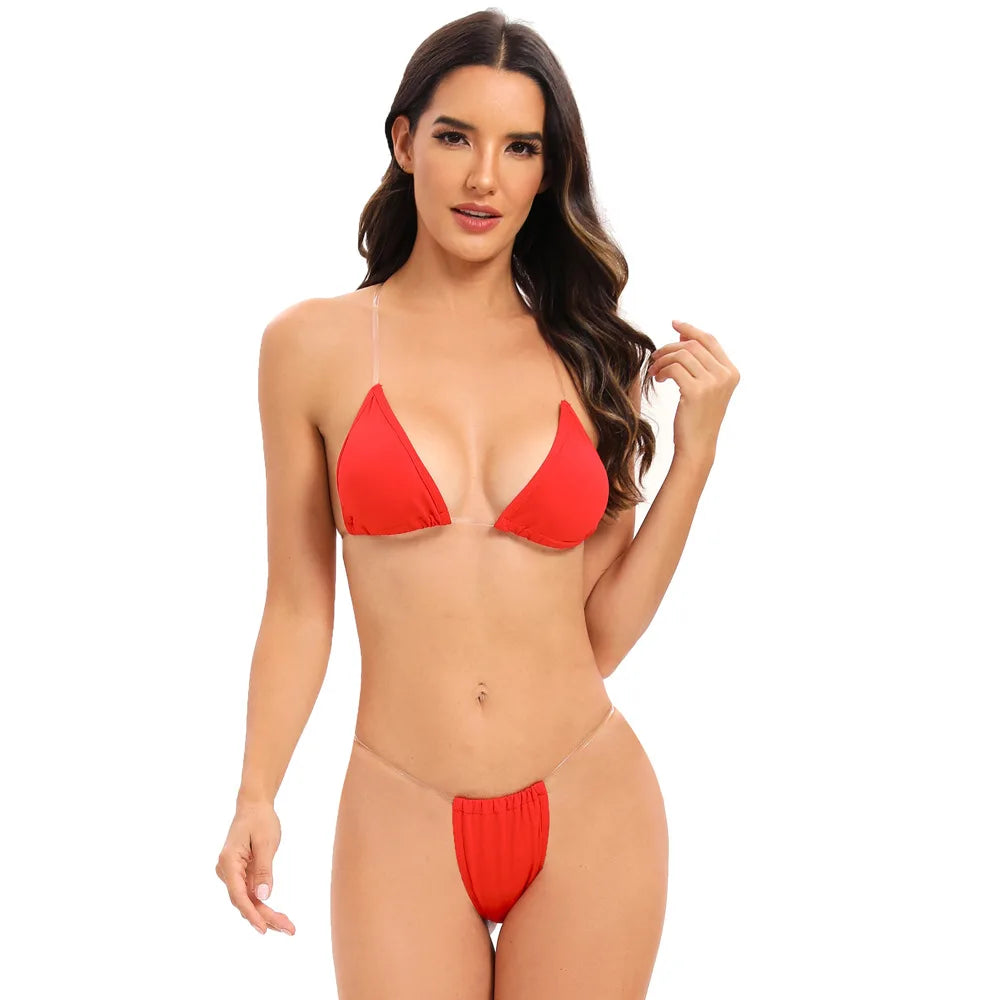 Traje de baño para mujer, bikini sexy transparente con tirantes triangulares, tanga de dos piezas, color sólido, ropa de playa, traje de baño para spa