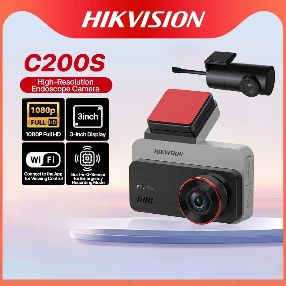 Grabadora de salpicadero Hikvision con cámara dual delantera y trasera, visión nocturna Starlight y pantalla de 3 pulgadas.