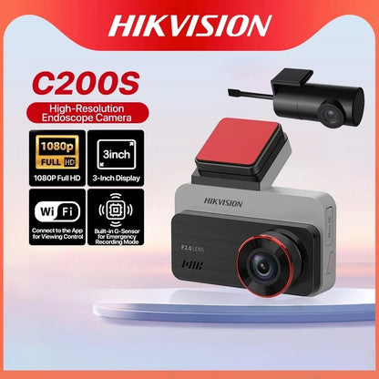 Grabadora de salpicadero Hikvision con cámara dual delantera y trasera, visión nocturna Starlight y pantalla de 3 pulgadas.