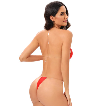 Traje de baño para mujer, bikini sexy transparente con tirantes triangulares, tanga de dos piezas, color sólido, ropa de playa, traje de baño para spa