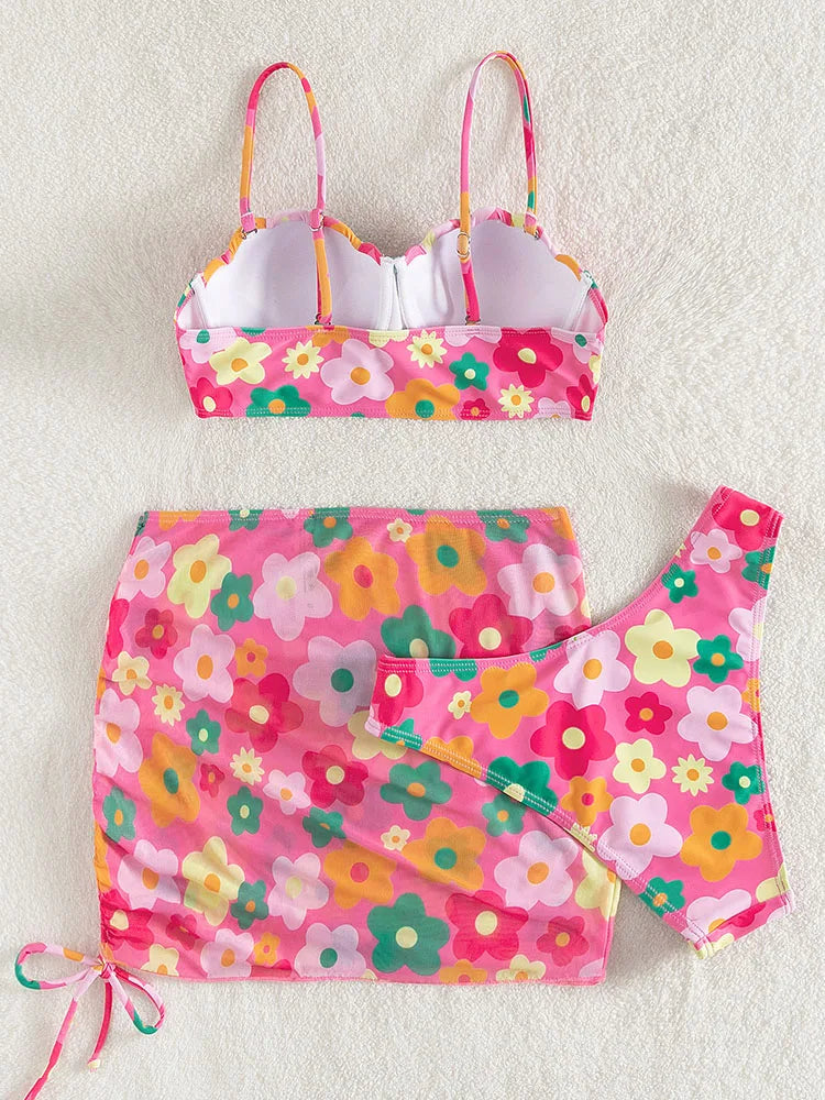 Conjunto de bikini sexy de 3 piezas para mujer, traje de baño con falda, novedad de 2023, bikini push up para mujer, ropa de playa con perlas sintéticas.