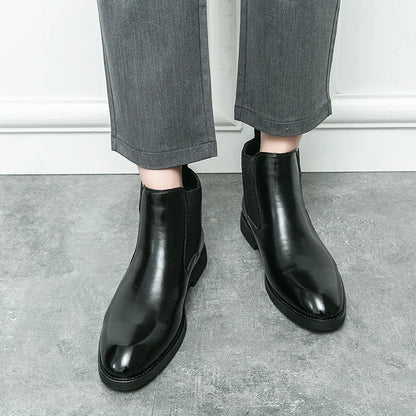 Botas Chelsea para hombre, de PU, lisas, hasta el tobillo, de caña alta, tacón bajo, con banda elástica tallada, botas formales de trabajo para negocios, tallas grandes 38-46
