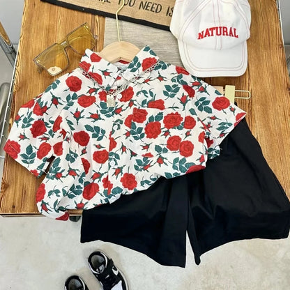 Ropa para niños 2025, nuevo traje de flores de moda para bebé, camisa de manga corta, pantalones cortos, elegante conjunto de dos piezas de pantalones cortos casuales retro.