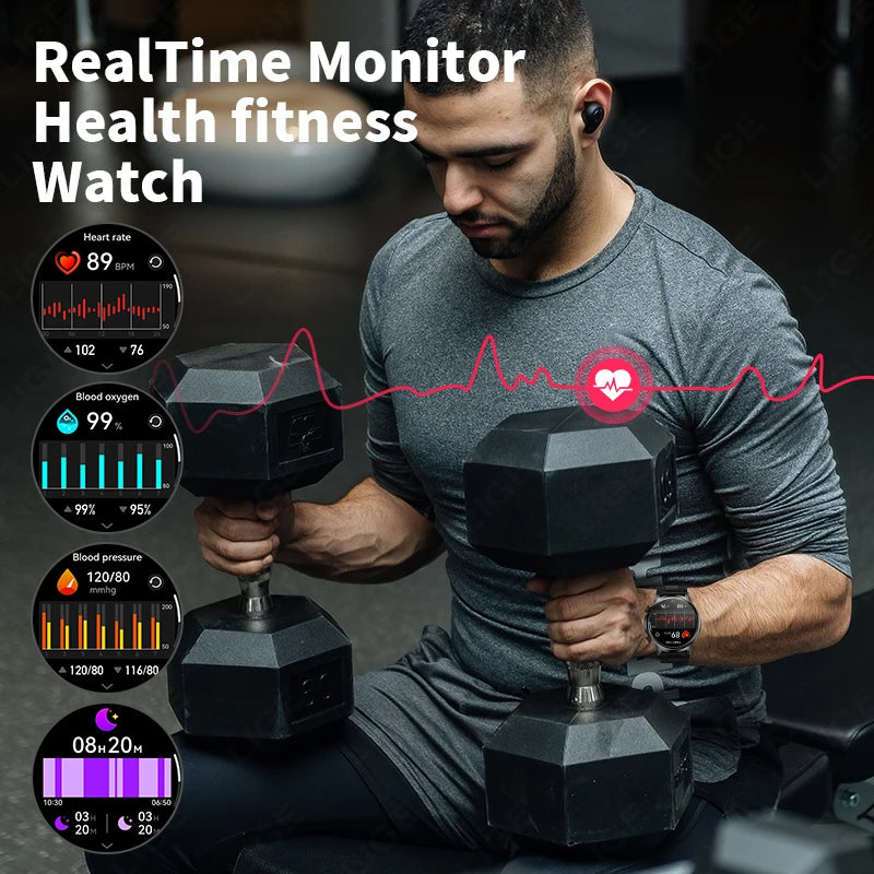 Reloj inteligente LIGE de 1,95 pulgadas con pantalla grande Ultra HD para hombre, llamadas Bluetooth, batería de 500 mAh, para deportes al aire libre y fitness, compatible con Android e iOS.