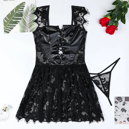 Conjunto exótico de PU sexy para mujer, vestido de encaje transparente, lencería elegante con abertura, body exótico para fiesta y club.
