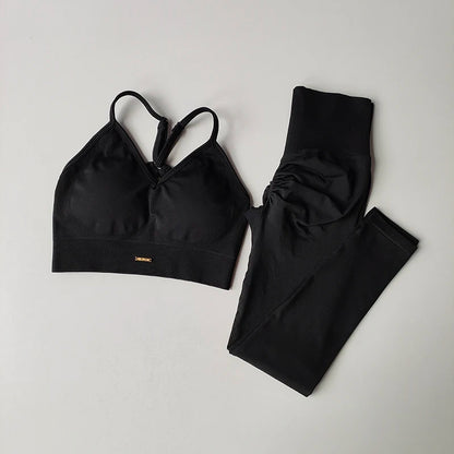 Traje de yoga sin costuras para levantamiento de cadera, sujetador deportivo para mujer, traje de yoga de secado rápido, leggings ajustados con alto contenido de grasa para gimnasio.