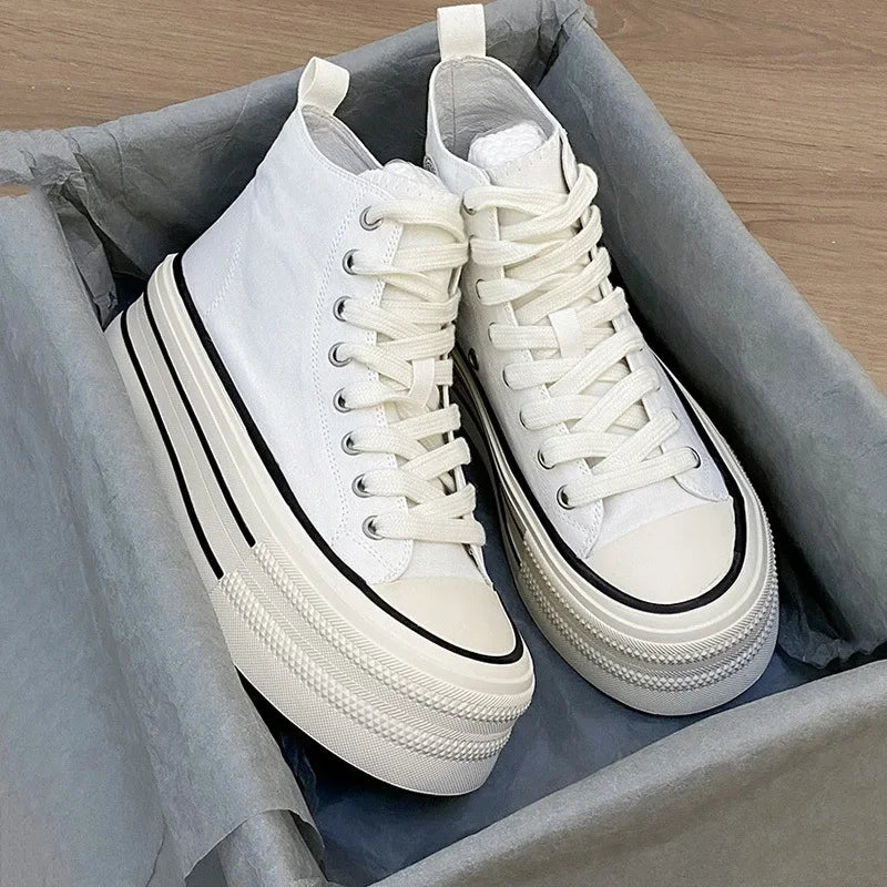 Zapatos de lona altos para mujer, transpirables, con suela gruesa de goma, estilo universitario, versátiles, para verano, color blanco