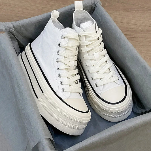 Zapatos de lona altos para mujer, transpirables, con suela gruesa de goma, estilo universitario, versátiles, para verano, color blanco