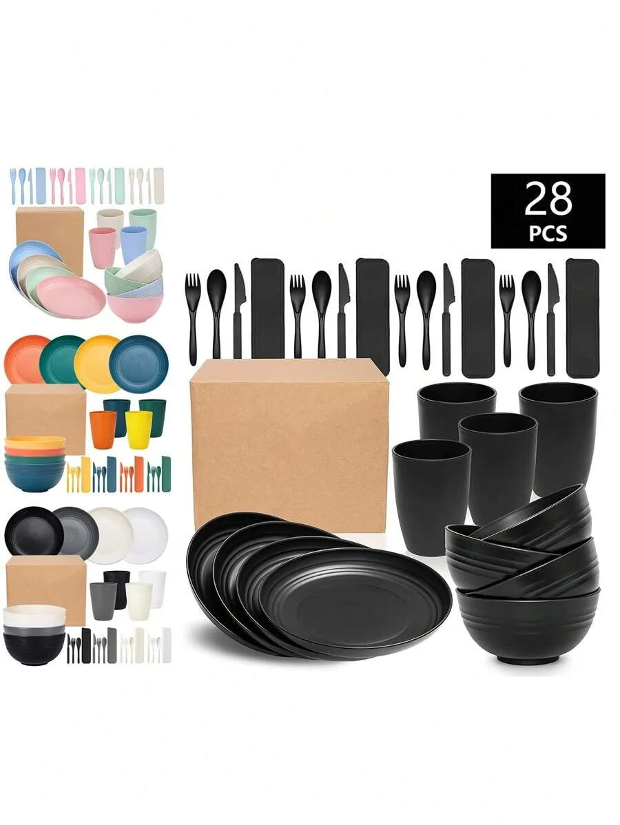 Juego de vajilla de plástico PP de 7/28 piezas, reutilizable, plato de cena, tazón de cereal, taza, juego de cubiertos para reuniones de fiestas en hoteles en casa