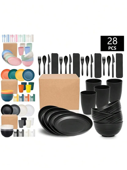 Juego de vajilla de plástico PP de 7/28 piezas, reutilizable, plato de cena, tazón de cereal, taza, juego de cubiertos para reuniones de fiestas en hoteles en casa
