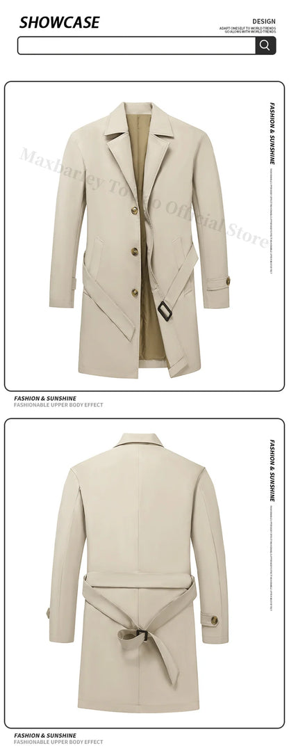 Abrigo largo Maxbarley para hombre, estilo gabardina, marca coreana, color liso, con cinturón, colección otoño 2025. Nuevo diseño de chaqueta cortavientos de un solo botón.