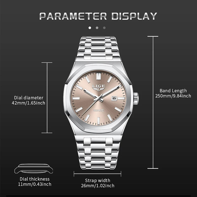 Reloj para hombre LIGE, resistente al agua, de acero inoxidable, luminoso, de negocios, de cuarzo, de moda, con calendario
