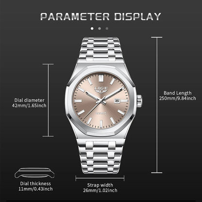Reloj para hombre LIGE, resistente al agua, de acero inoxidable, luminoso, de negocios, de cuarzo, de moda, con calendario