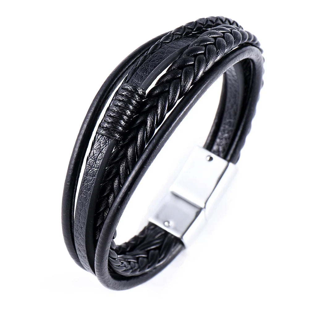 Pulseras de cuero de moda para hombre, pulseras de cuerda trenzada multicapa de acero inoxidable para hombre, pulseras de joyería para hombre.