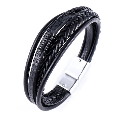 Pulseras de cuero de moda para hombre, pulseras de cuerda trenzada multicapa de acero inoxidable para hombre, pulseras de joyería para hombre.