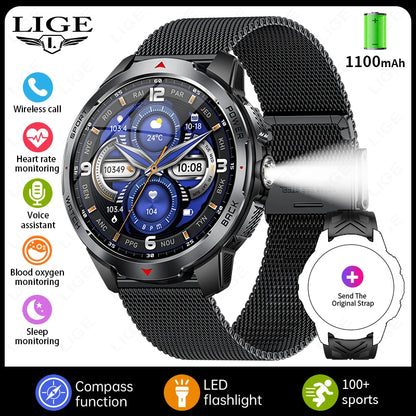 Reloj inteligente deportivo para exteriores para hombre, con batería grande de 1100 mAh, brújula, linterna LED, control del ritmo cardíaco, compatible con Android e iOS.