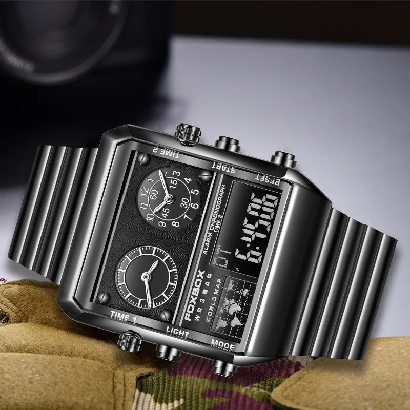 LIGE - Nuevo reloj para hombre, cuadrado, luminoso, deportivo, correa de acero inoxidable, doble pantalla, reloj de pulsera de cuarzo, reloj militar resistente al agua