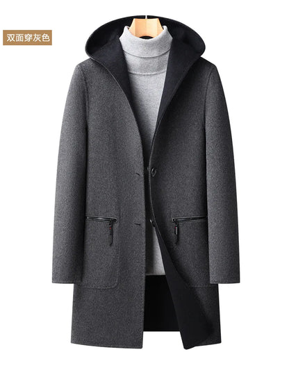 Gabardina de lana de doble faz de lujo y máxima calidad para hombre, estilo otoño-invierno, de largo medio y con capucha.