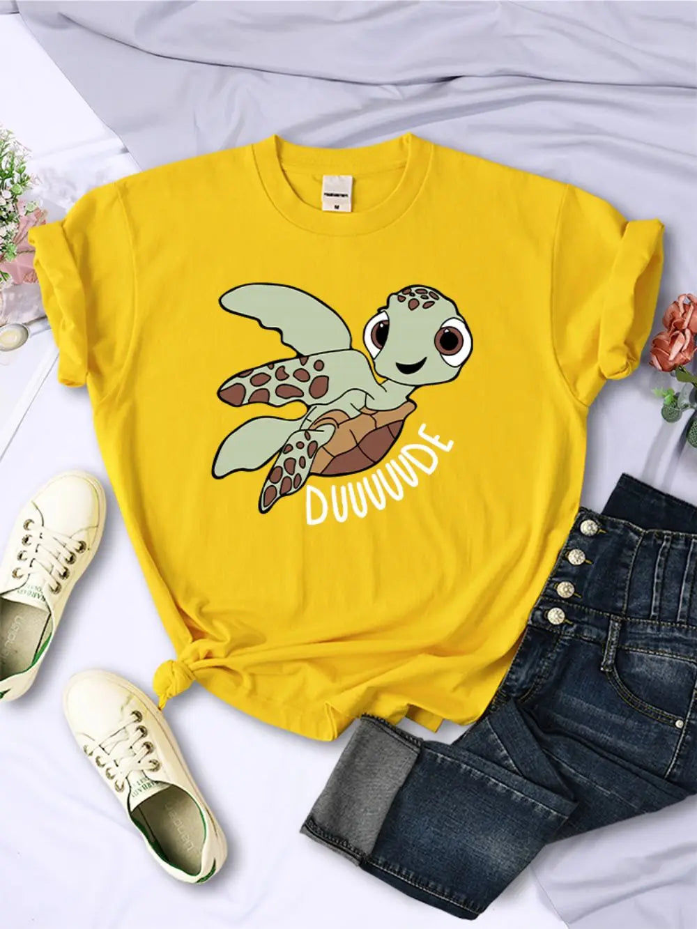 Camisetas sencillas para mujer, con estampado de letras de tortuga de dibujos animados, camisetas cómodas y suaves con cuello redondo, ropa informal de verano para mujer