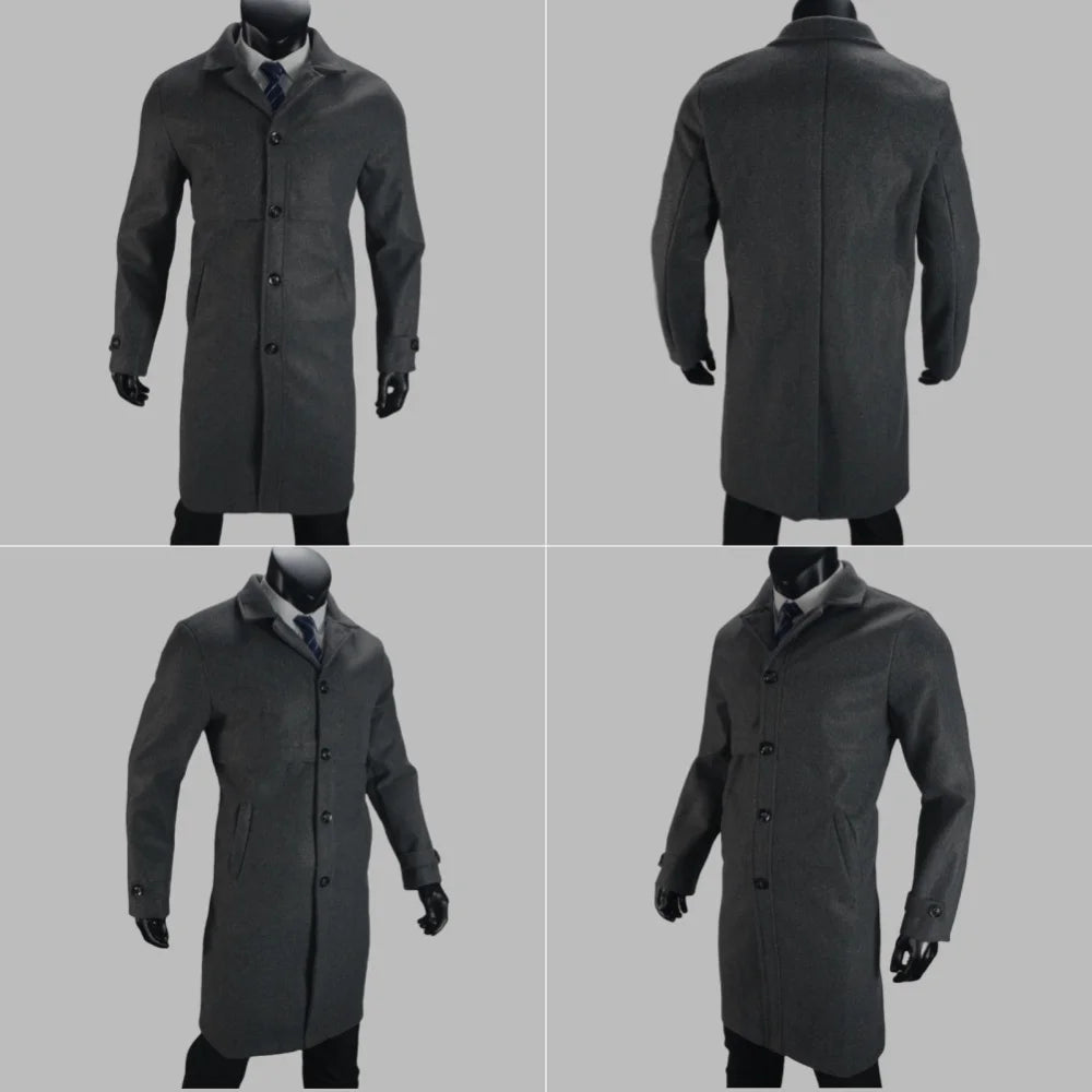 Abrigo de solapa para hombre, traje informal de oficina y urbano, mezcla de lana, para actividades al aire libre, con forro, chaqueta larga, talla europea/estadounidense, de un solo botón.
