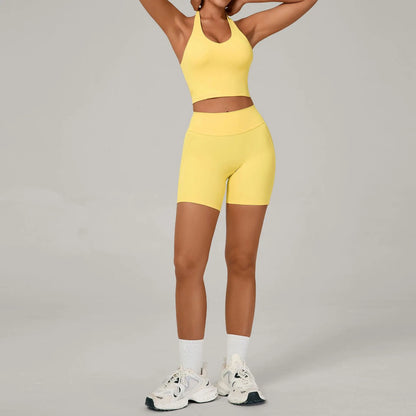 Ctenkevet - Conjunto de 2 piezas de sujetador halter sin espalda para mujer, ropa deportiva de secado rápido para gimnasio, conjunto deportivo femenino de dos piezas con pantalones cortos