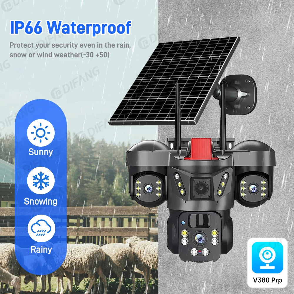 Cámara de vigilancia solar 8K 15MP con tres pantallas, WiFi, seguimiento automático, PTZ, tarjeta SIM 4G, cámara IP solar inalámbrica V380 Pro