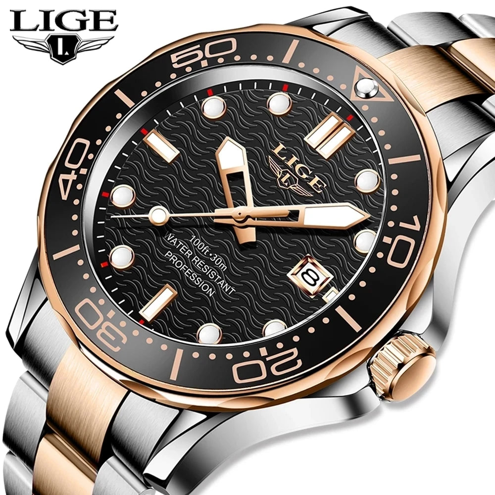 LIGE - Reloj de buceo de lujo para hombre, marca superior, resistente al agua hasta 3 ATM, con fecha, deportivo, de cuarzo, Masculino