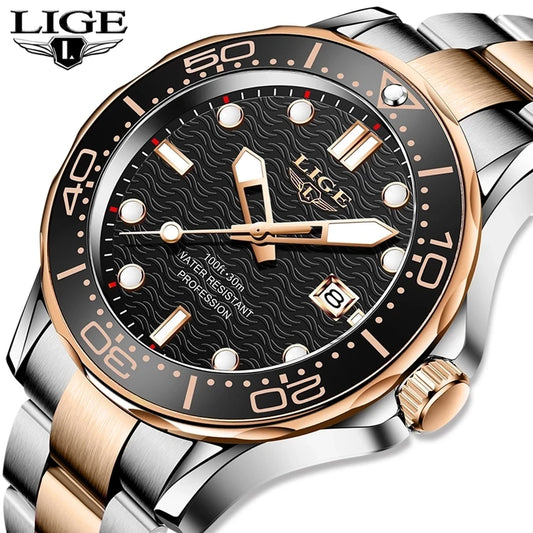 LIGE - Reloj de buceo de lujo para hombre, marca superior, resistente al agua hasta 3 ATM, con fecha, deportivo, de cuarzo, Masculino