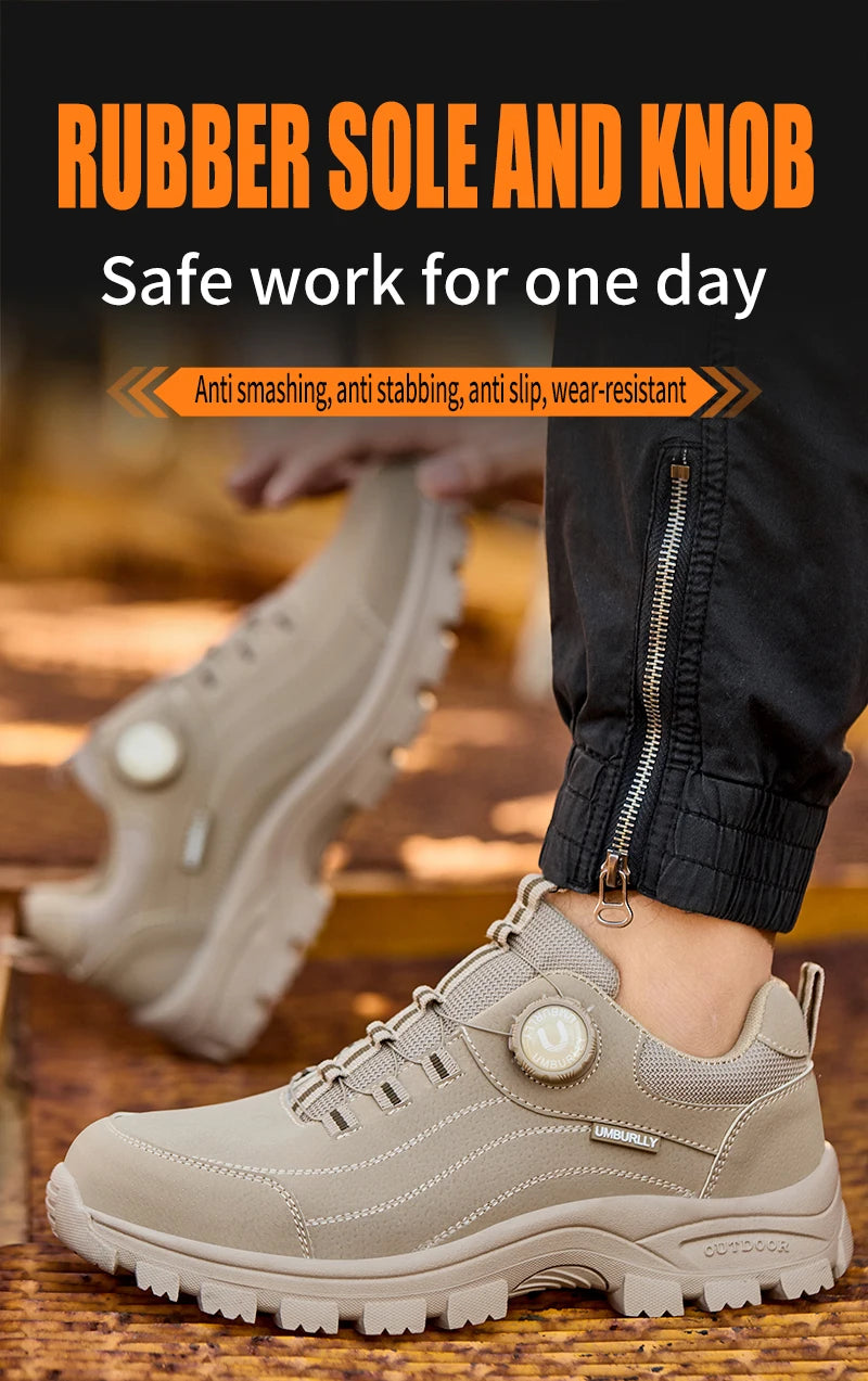 Calzado de seguridad para hombre con diseño de botones, puntera de acero, resistente a la compresión y suela antideslizante para trabajo en exteriores y talleres.