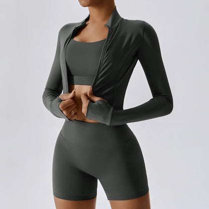Conjunto de yoga de 3 piezas para mujer, conjuntos de entrenamiento, ropa deportiva para gimnasio, ropa deportiva con cremallera, leggings de manga larga y cintura alta, trajes deportivos, traje de yoga