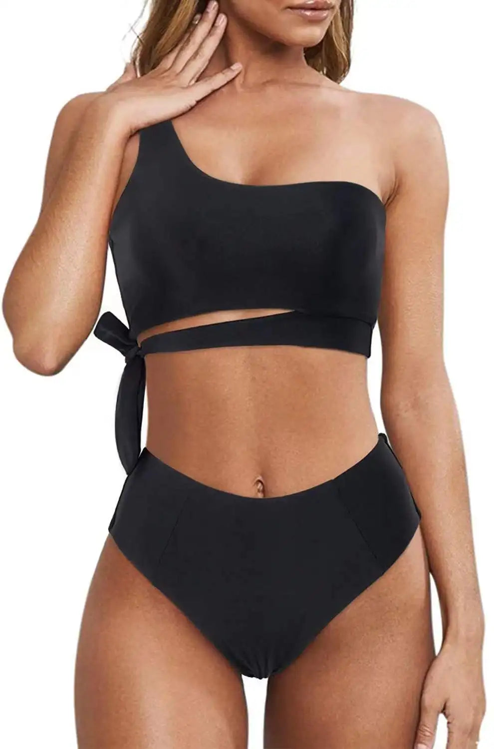 Bikini de un solo hombro para mujer, traje de baño dividido, color liso, traje de baño de playa de verano, traje de baño para mujer