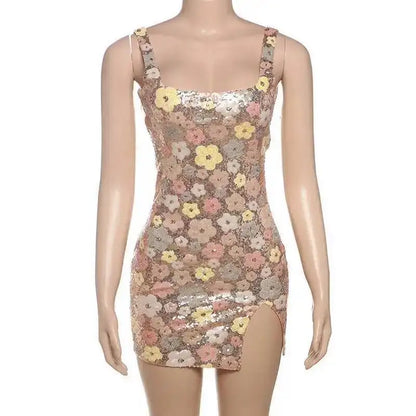 Vestido de fiesta sexy para mujer, estilo discoteca, con lentejuelas florales, tipo pueblo, tirantes finos, mini, primavera/verano 2025, vestido ajustado y entallado.