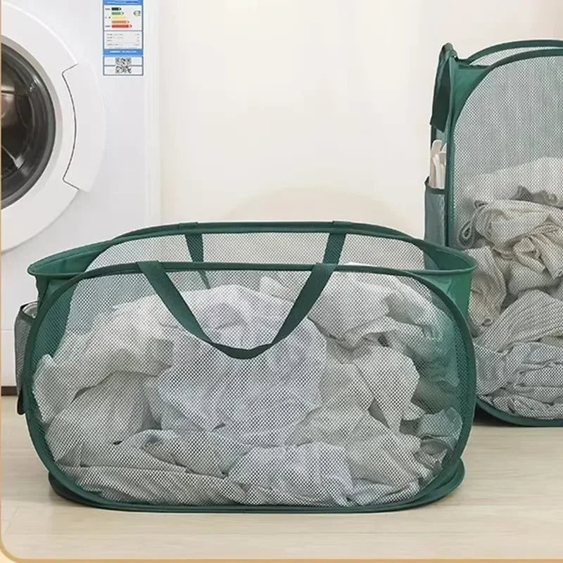 Cesta de lavandería plegable y duradera, cesta de lavandería de malla desplegable con bolsillo lateral, cesta de almacenamiento de ropa plegable con refuerzo