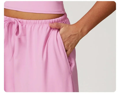 Pantalones de yoga deportivos para mujer, holgados, de pierna ancha, finos, transpirables, con cordón elástico y diseño caído.