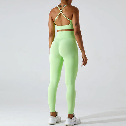 Conjunto de yoga de dos piezas para mujer, sujetador deportivo con espalda cruzada de color liso, top color miel melocotón, leggings de secado rápido para realce de cadera, traje deportivo de fitness