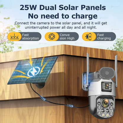 Cámara de seguridad exterior solar 4K con SIM 4G, 2 lentes/pantalla, zoom óptico 60x, seguimiento automático, PTZ 360°, videovigilancia doméstica IP.