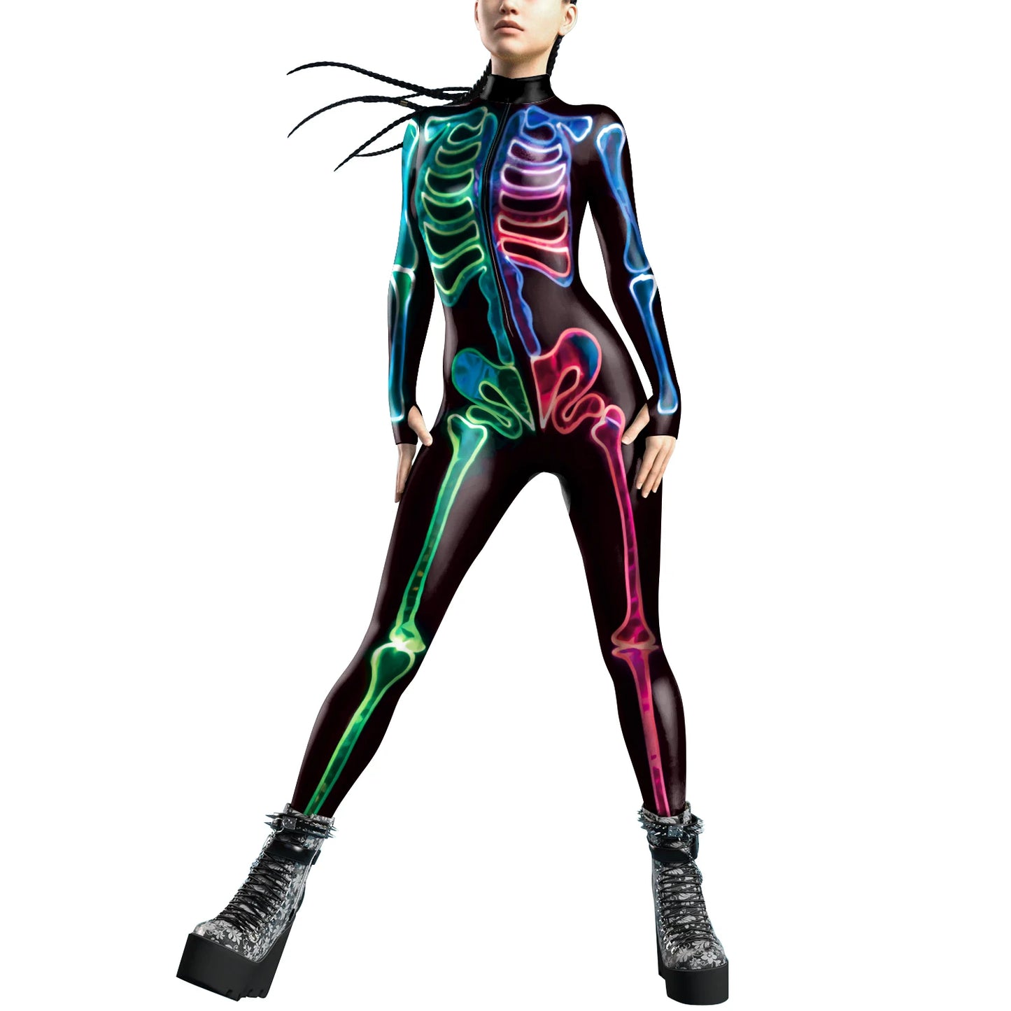 [You're My Secret] Halloween Cosplay Costume for Women Adults Skeleton 3D Printed Cyberpunk Zipper Bodysuit Party Fancy Dresses