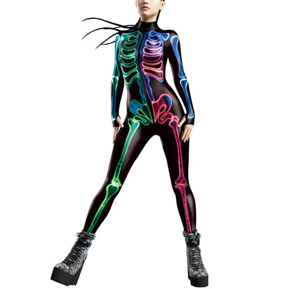 [You're My Secret] Halloween Cosplay Costume for Women Adults Skeleton 3D Printed Cyberpunk Zipper Bodysuit Party Fancy Dresses