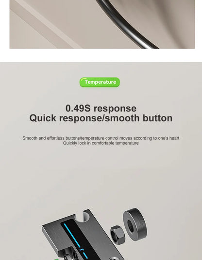 Sistema de ducha con luz ambiental y botones de piano grises, pantalla digital, grifos tipo lluvia y cabezal de ducha.