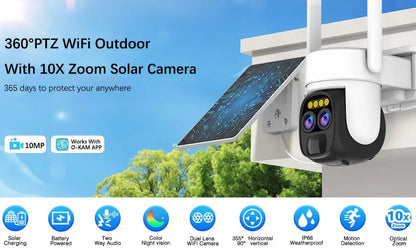 Cámara IP de vigilancia CCTV con zoom PTZ 10X, 10MP, 5K, WiFi, doble lente, audio, seguimiento automático por IA, zoom óptico 10X, 10MP, WiFi y alimentación solar.
