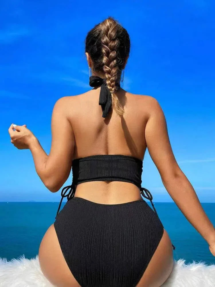 Conjunto de bikini de verano 2025 para mujer, traje de baño de dos piezas con cuello halter de color liso, traje de baño de secado rápido, conjunto de bikini con corsé para vacaciones, ropa de playa