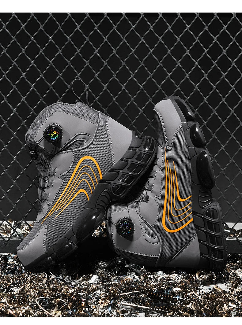 Zapatos de seguridad de caña alta para hombre con botón giratorio, resistentes a impactos y perforaciones, zapatillas de moda para hombre, calzado de seguridad profesional.