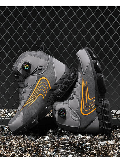Zapatos de seguridad de caña alta para hombre con botón giratorio, resistentes a impactos y perforaciones, zapatillas de moda para hombre, calzado de seguridad profesional.