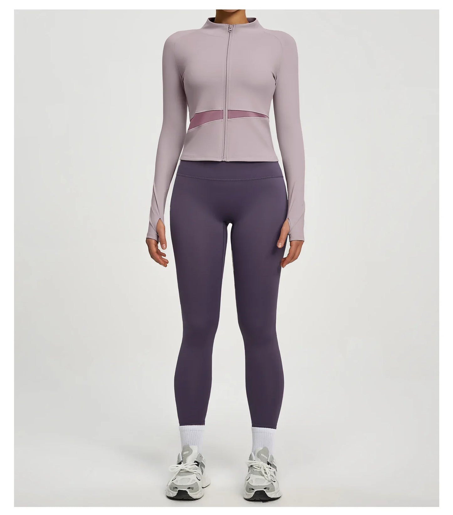 Conjuntos de yoga con contraste de colores para mujer, chaqueta deportiva de manga larga sin costuras con cremallera, leggings adelgazantes de cintura alta, chándal de fitness