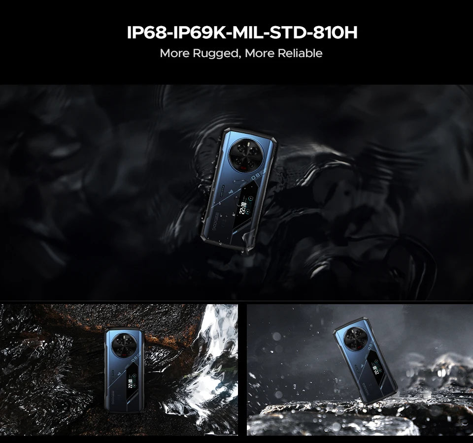 Teléfono robusto DOOGEE V40 Pro 5G versión global, pantalla de 6,78", 16 GB + 512 GB, dimensiones 7300, cámara con IA de 200 MP, 8680 mAh, cargador rápido de 33 W.