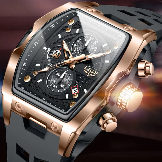 LIGE Reloj de pulsera de cuarzo para hombre, de lujo, resistente al agua, luminoso, cronógrafo, fecha, deportivo, de silicona, con caja