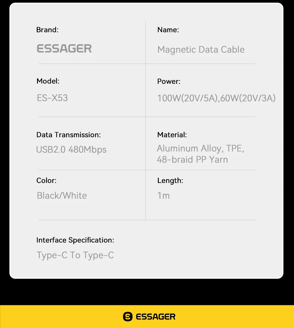 Cable de carga rápida USB-C a C Essager PD de 100 W con succión magnética y antienrollamiento para iPhone 15, portátil y Samsung.