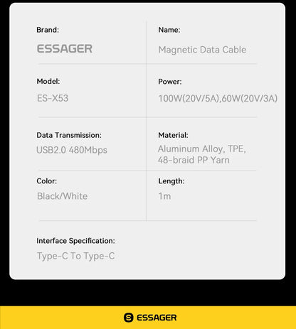 Cable de carga rápida USB-C a C Essager PD de 100 W con succión magnética y antienrollamiento para iPhone 15, portátil y Samsung.